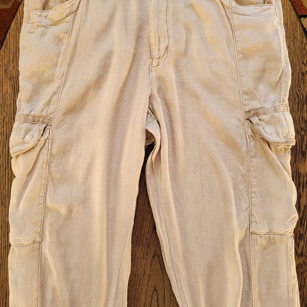 American Eagle Tan Linen Blend Cargo Elastic Cuff Joggers Size Women 16 - Picture 4 of 13